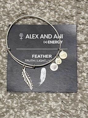 Alex and Ani Silver Feather Charm Bangle Bracelet with Logo Discs